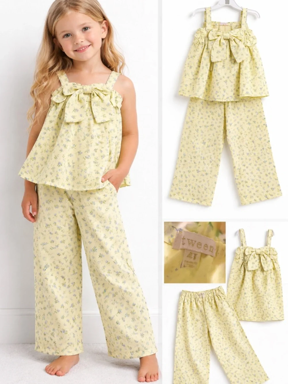 btween Yellow Floral Tie-Front Pajama Set for Kids - Picture 2 of 2
